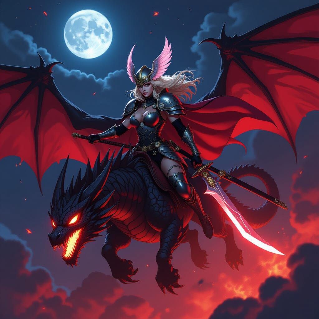 Valkyrie Rides Bioluminescent Dragon in Anime Style