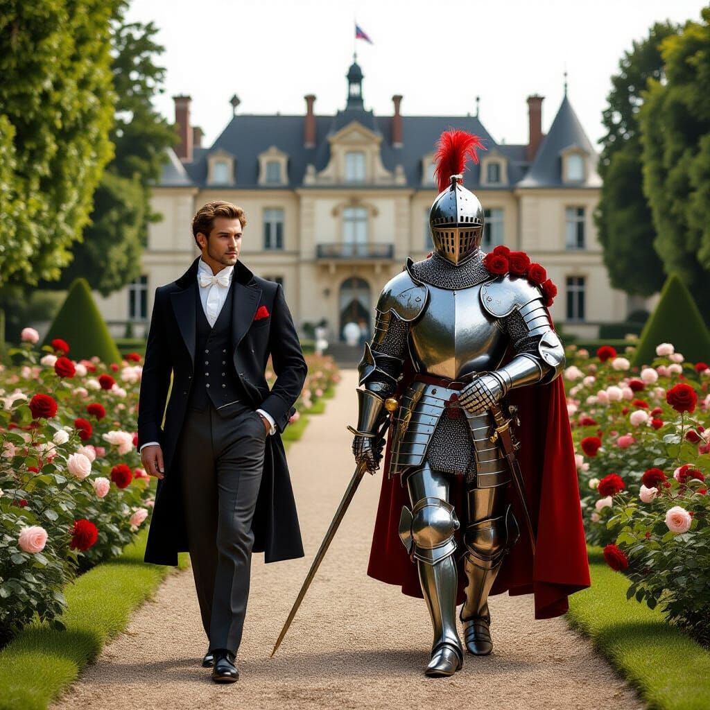 Elegant Man and Knight in Rose Garden