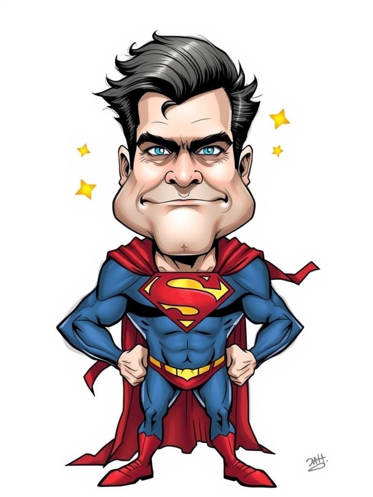 Exaggerated Superman Caricature with Tiny Cape