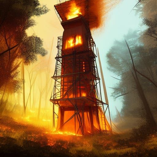 Forest Fire and Watchtower in Detailed Matte Painting