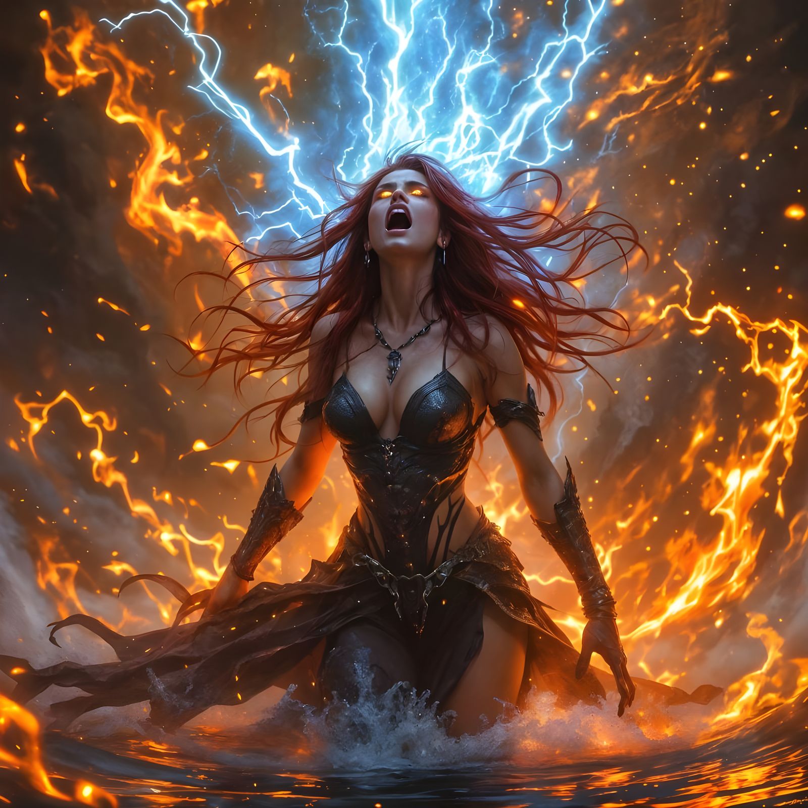 Fierce Woman Amidst Fiery Lake as Hyperdetailed Painting