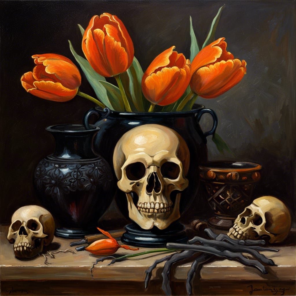 Halloween Tulips Still Life in Oil Painting