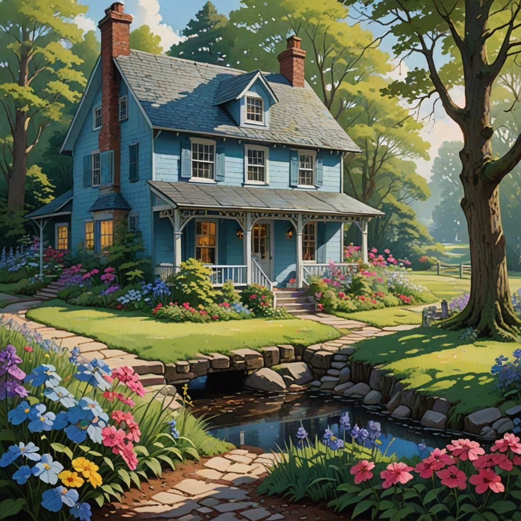 Charming Painted Cottage in Idyllic Nature Scene