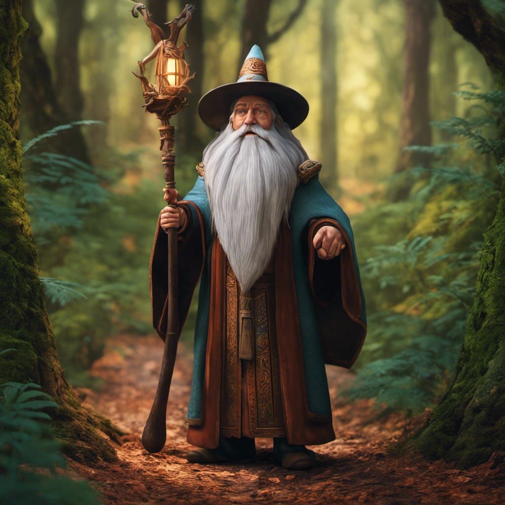 Old Mage Walking in Forest: 3D Digital Art