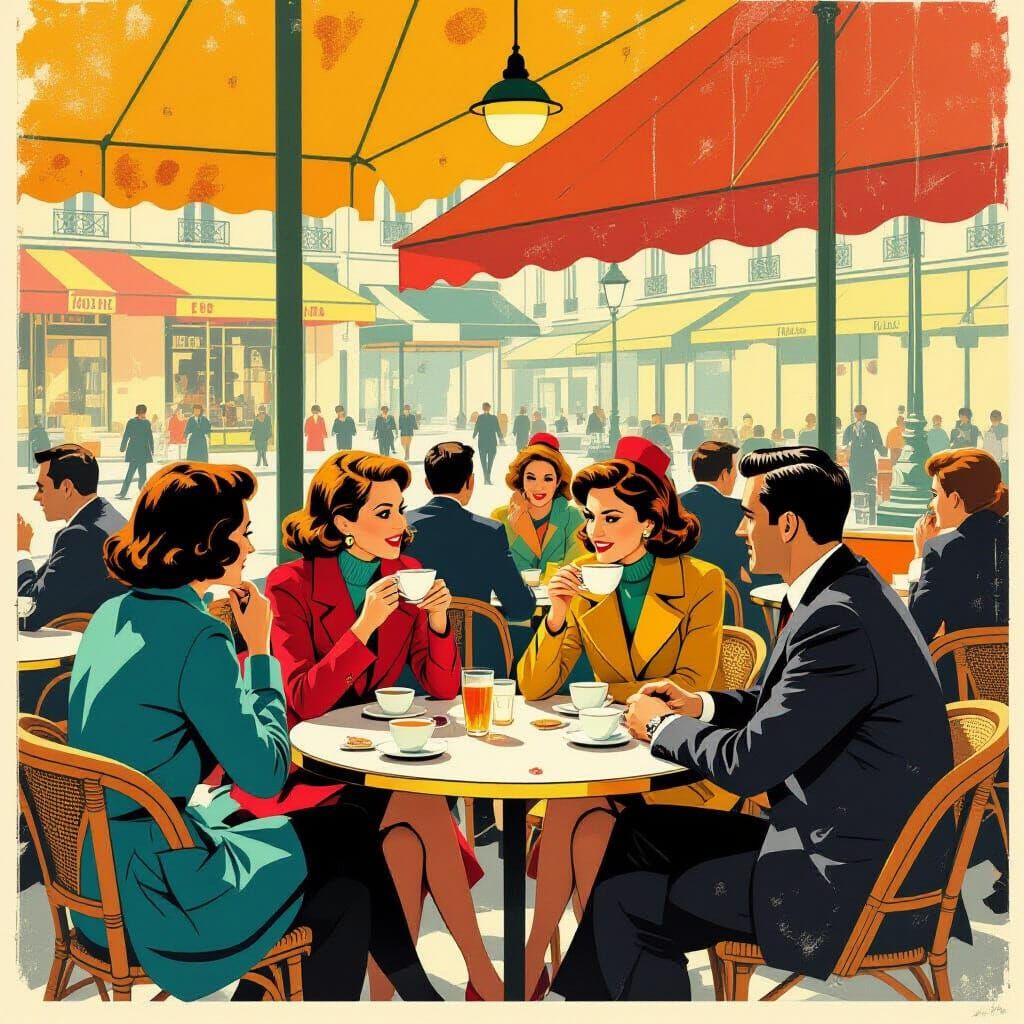 1960s Parisian Cafe Scene in Bold Teal and Yellow