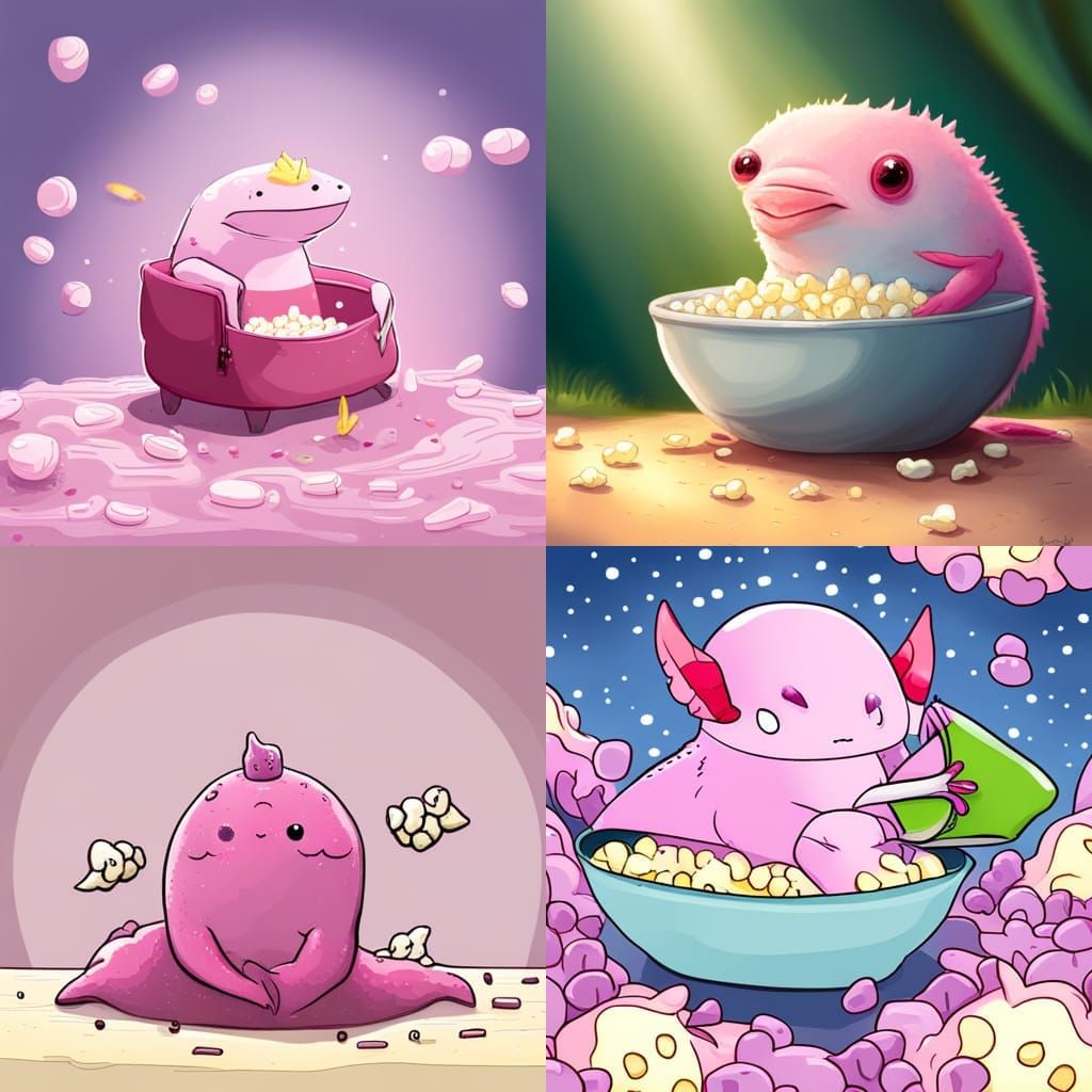 Cute Pink Axolotl Eating Popcorn