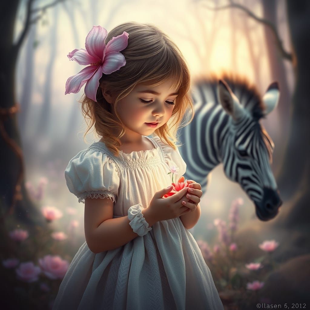 Girl Among Enchanted Forest Creatures in Whimsical Digital A...