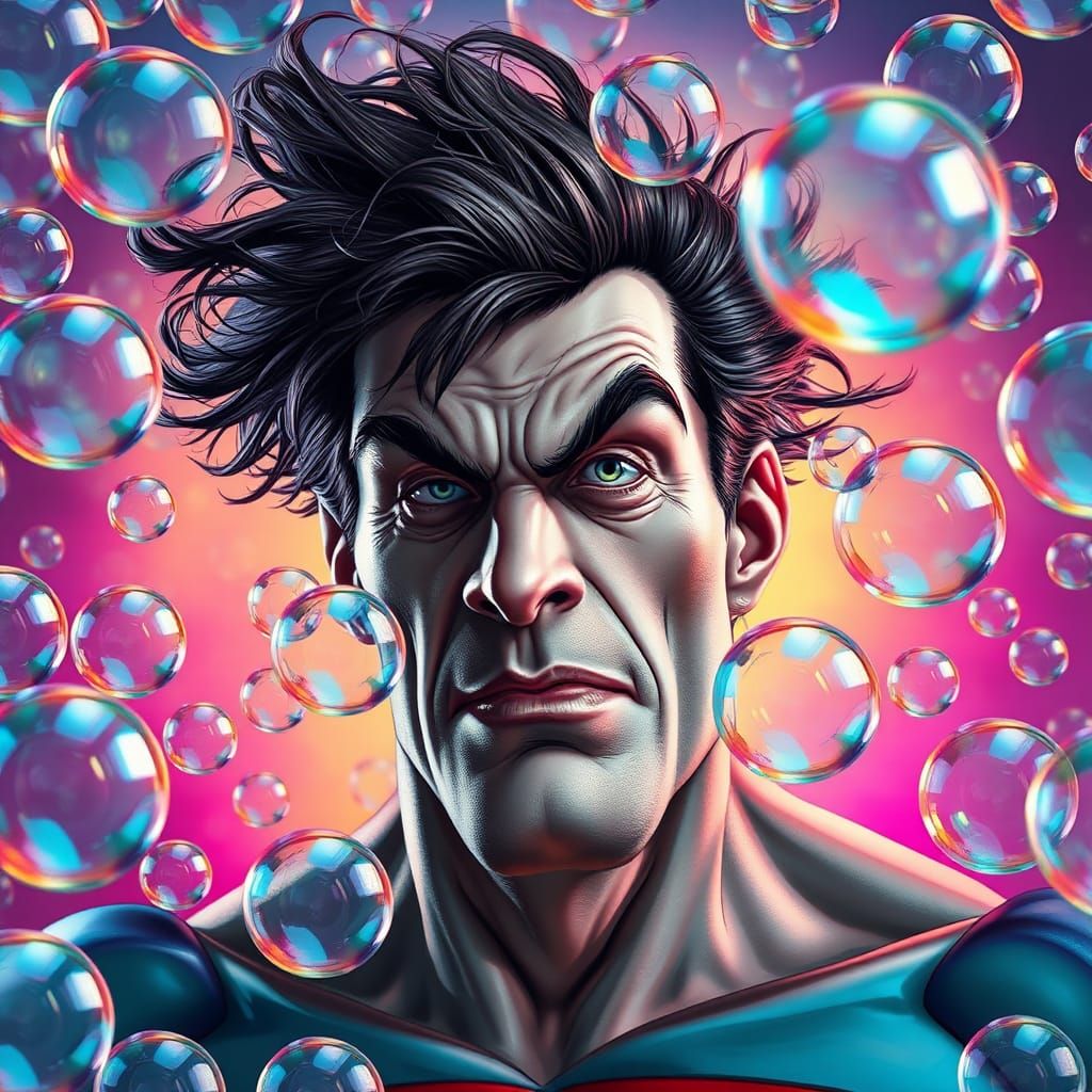 Bizarro in Cubic Soap Bubble Chaos, Hyperrealistic Comic Art