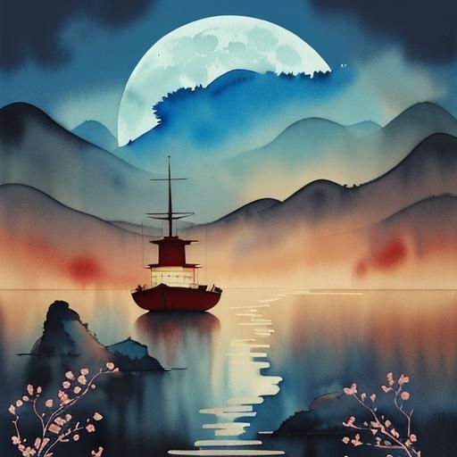Lunar New Year River Scene in Watercolor Style