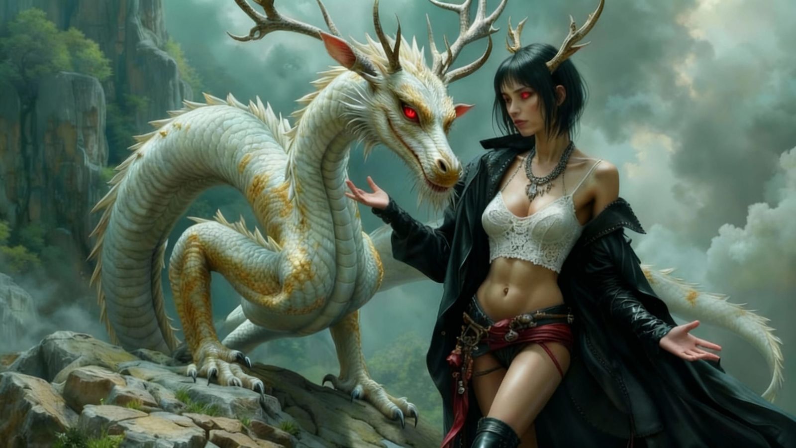 Fantasy Character Backdoor with Dragon in Stormy Forest