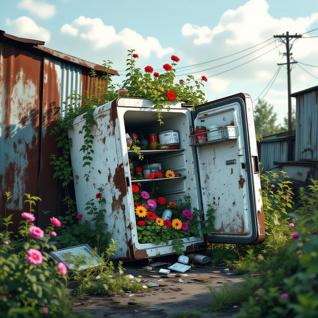 Lush Garden Growing in Discarded Refrigerator