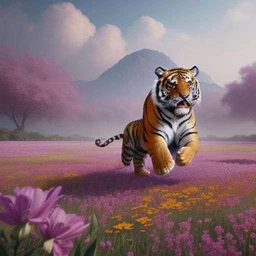Tiger Flying in a Flower Field: Fantasy Concept Art