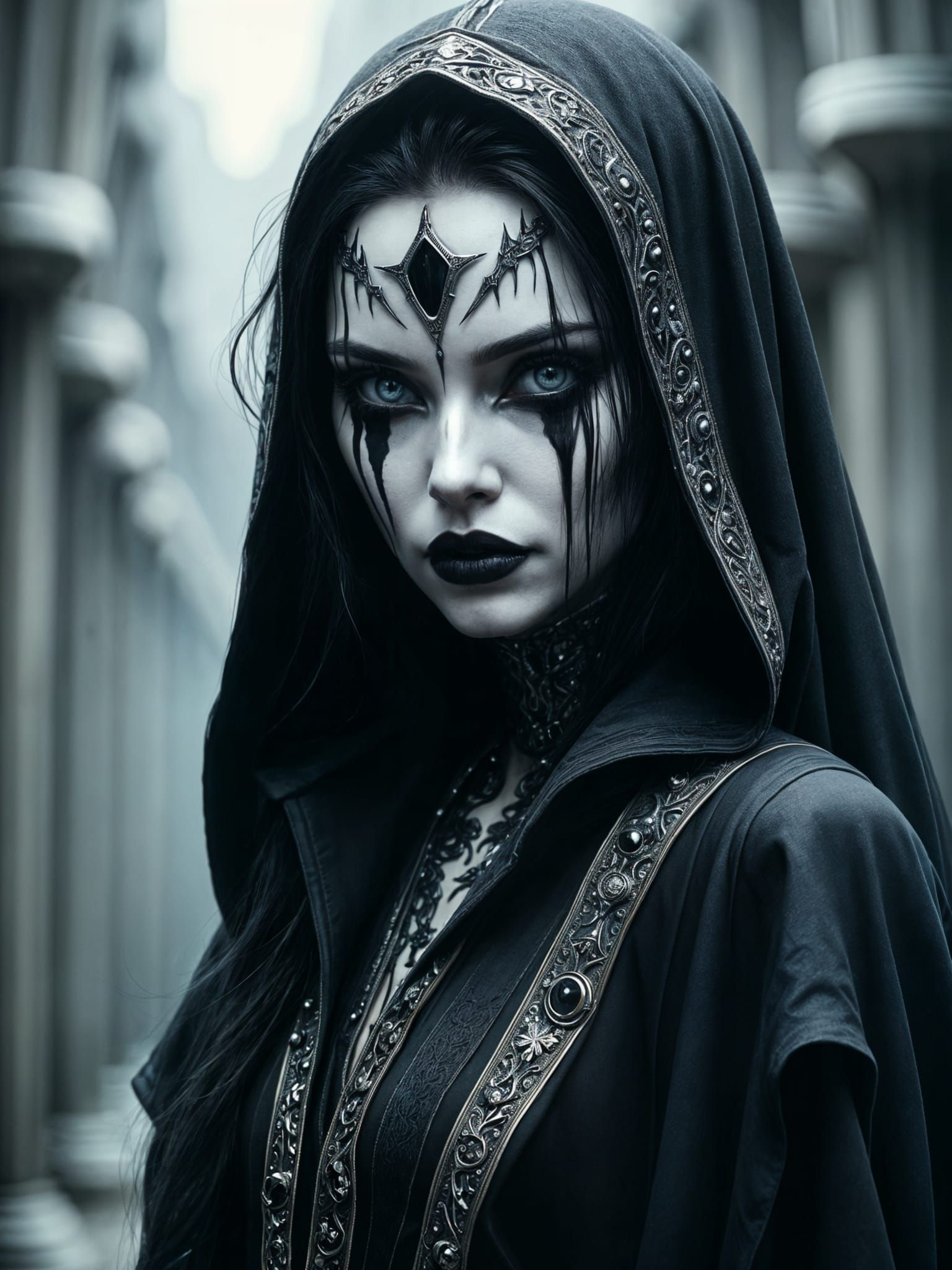Mysterious Dark Sorceress in Elegant Black and White Attire