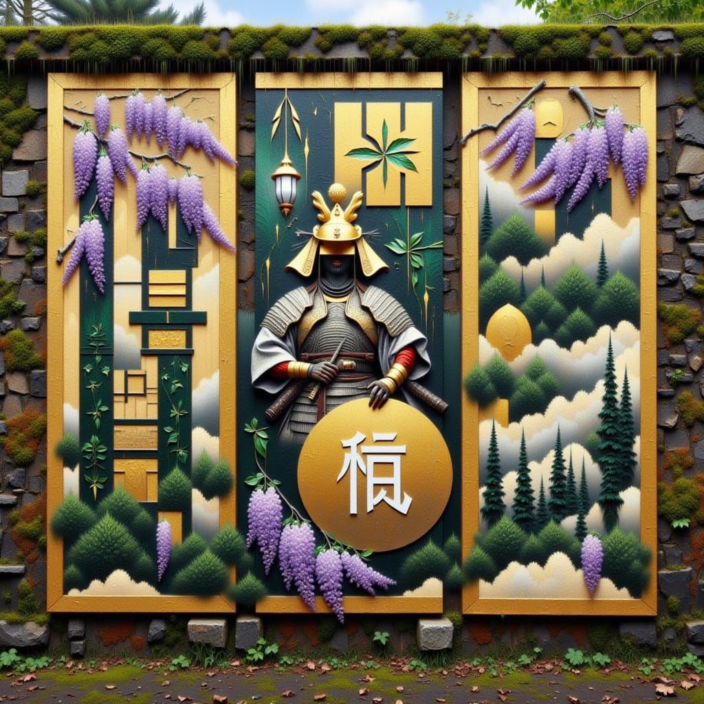 Weathered Wall Mural in Traditional Japanese Style