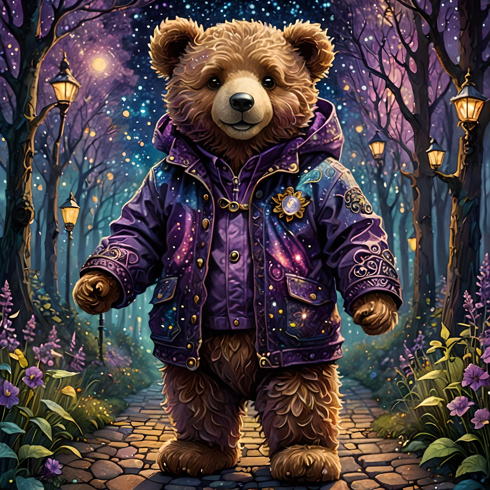 Ethereal Teddy Bear in a Sparkling Nighttime Scene