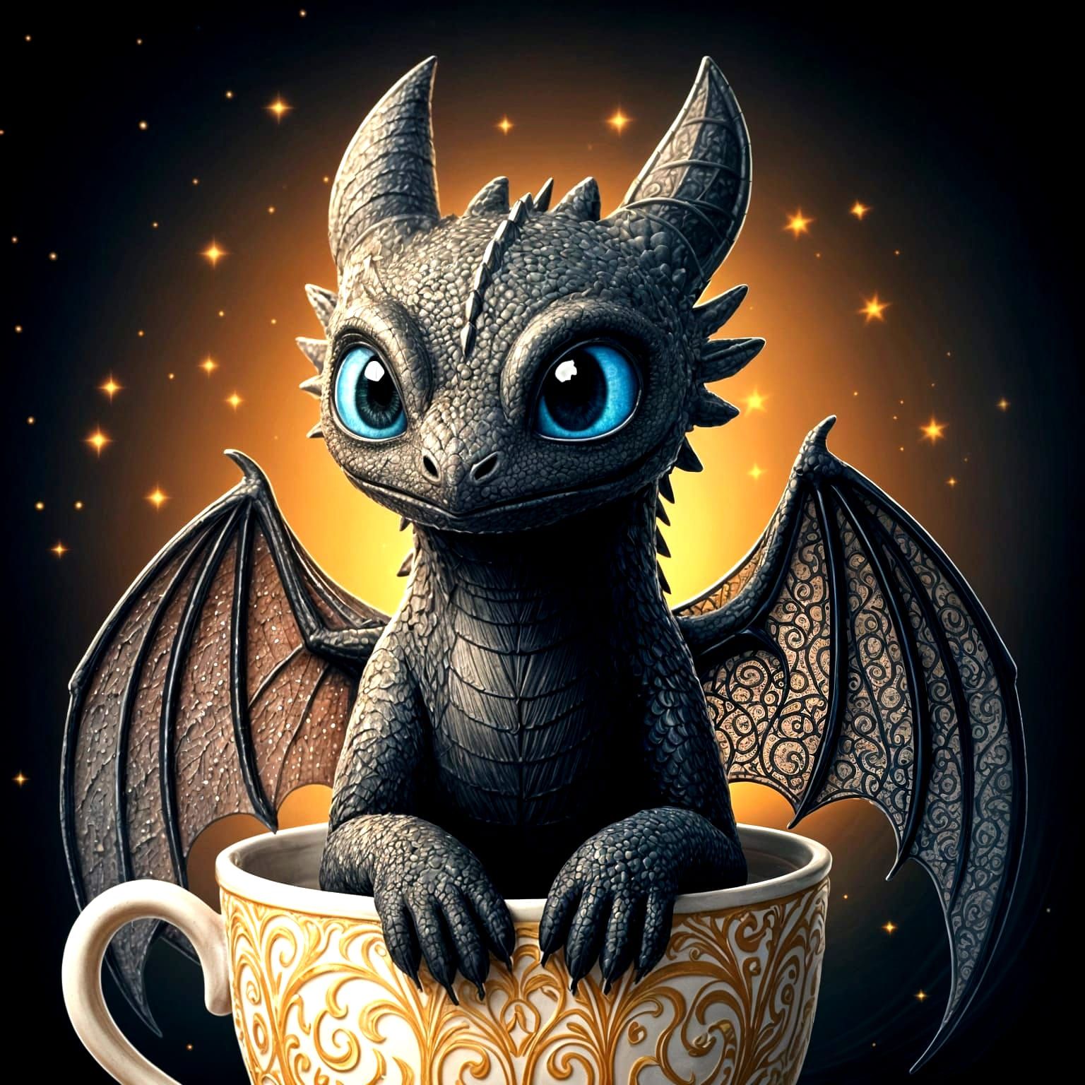 Cute Dragoness in Cup: Detailed Fantasy Painting