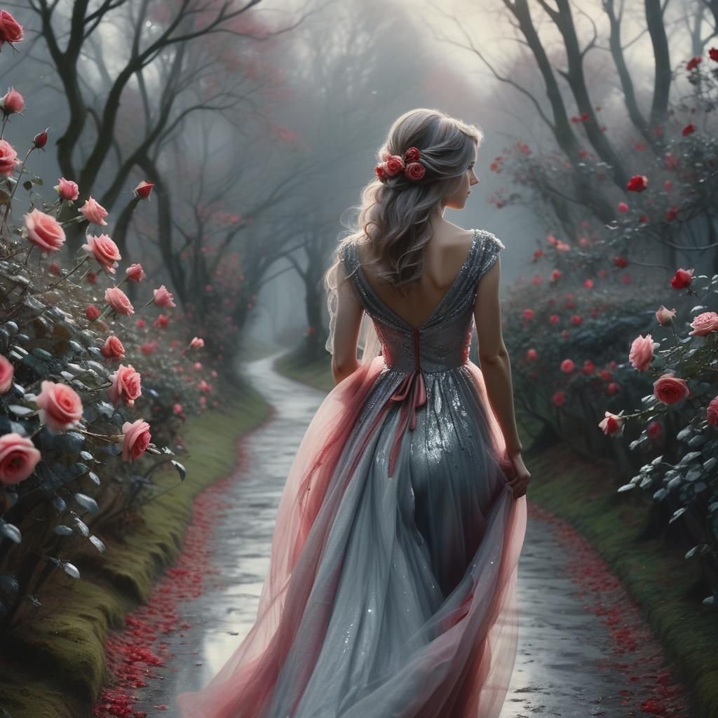 Model in Sparkling Dress on Misty Path