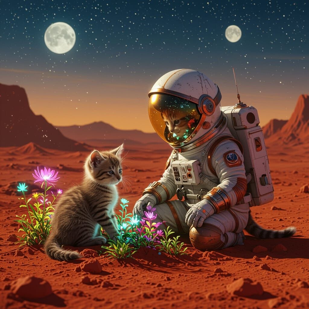 Kitten Astronaut Tending Alien Garden