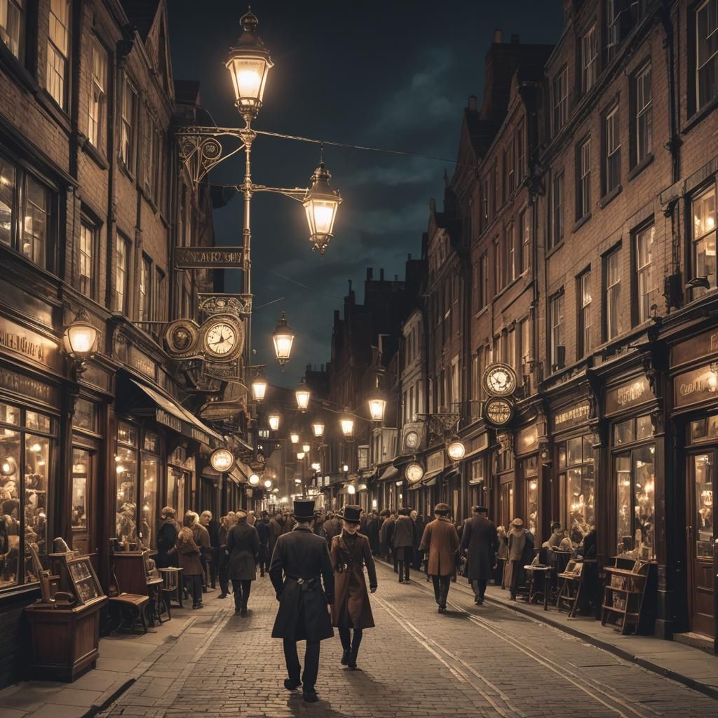 Victorian Steampunk Street Scene at Night
