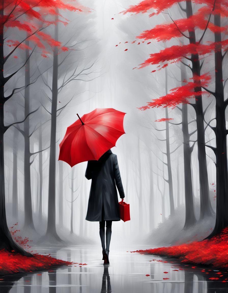 Person with Red Umbrella in Autumn Forest
