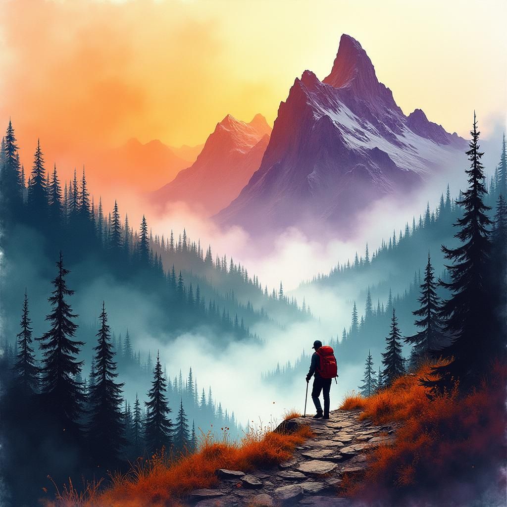 Hiker in Mountain Landscape Ink Wash Painting