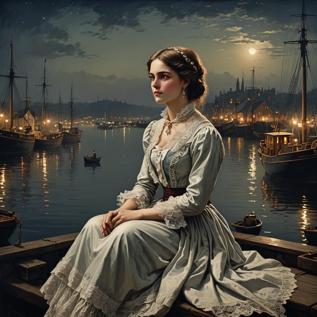 Victorian Woman by Harbour at Night