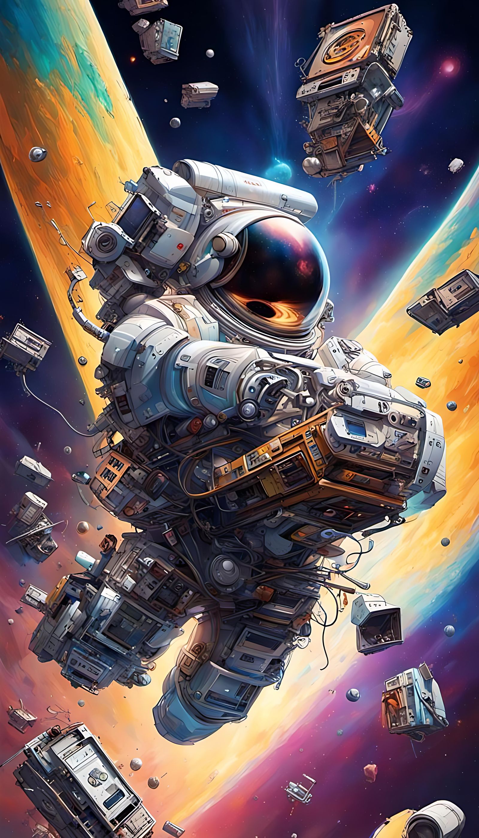 Hyperrealistic 80s Tech Debris in Space