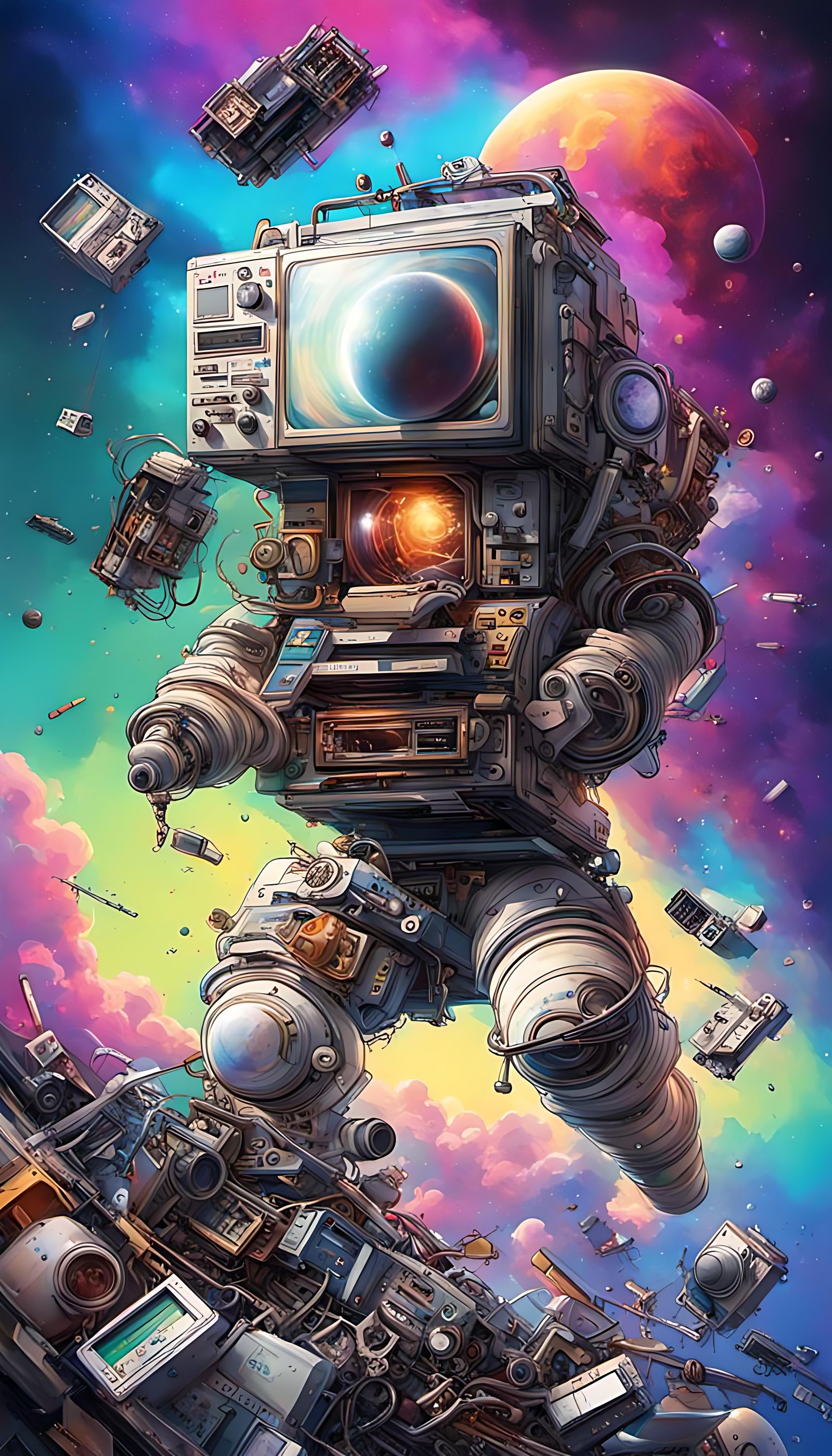 Hyperrealistic 1980s Tech Drifting in Space