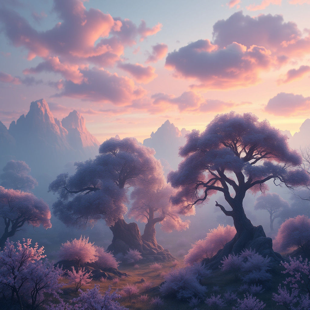 Ethereal Fantasy Landscape with Glowing Trees