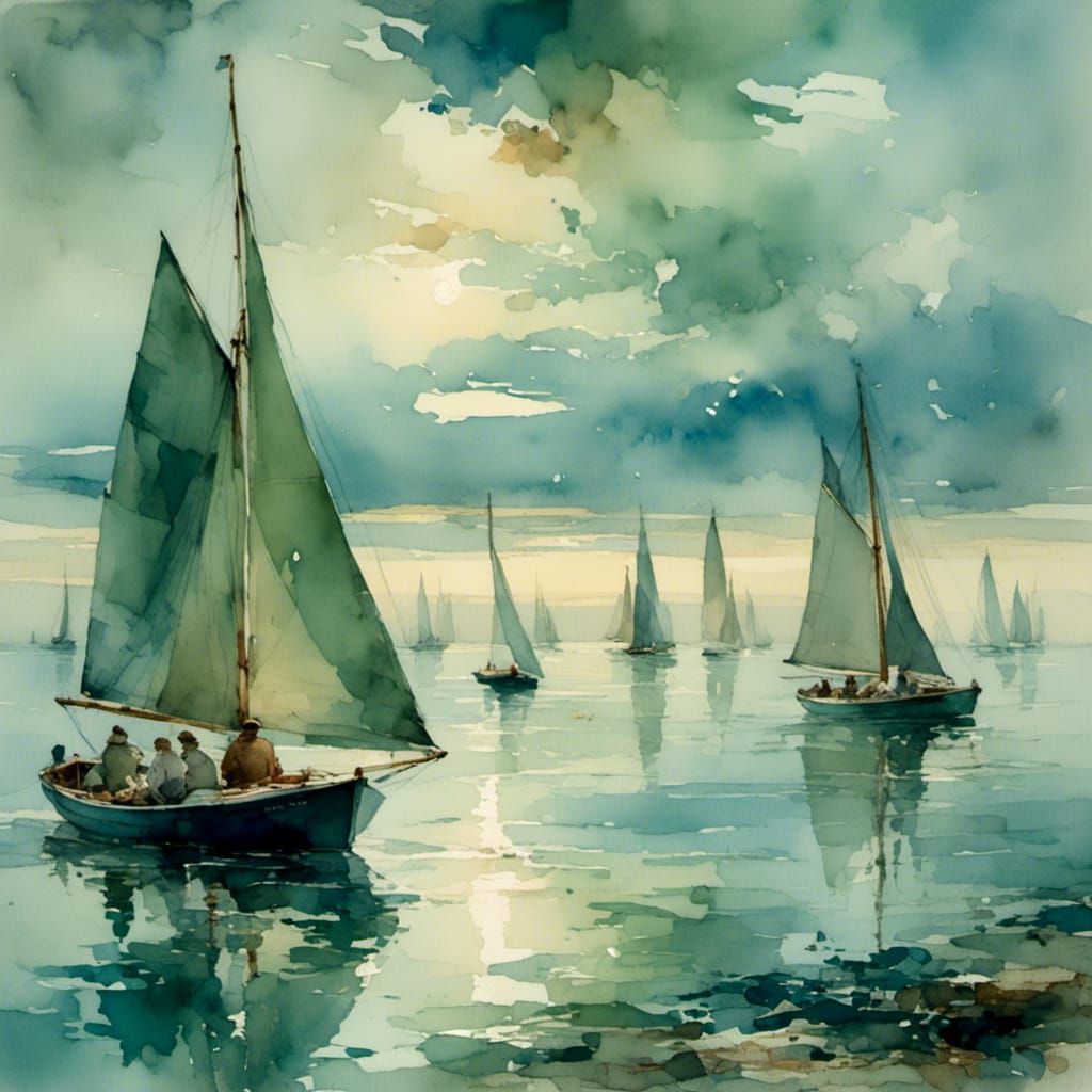 Maritime Scene at Dusk in Serene Watercolors