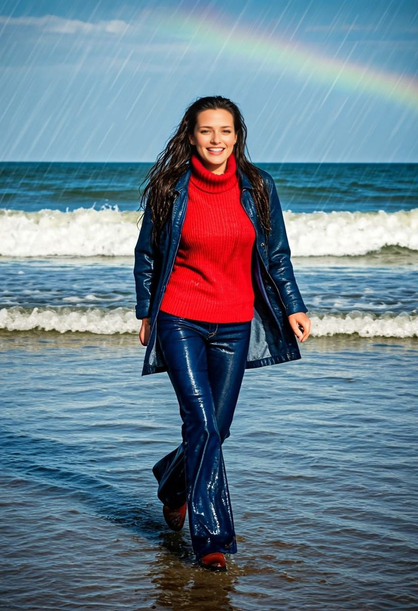 Woman Runs from Surf in Heavy Rain, Photorealistic Style