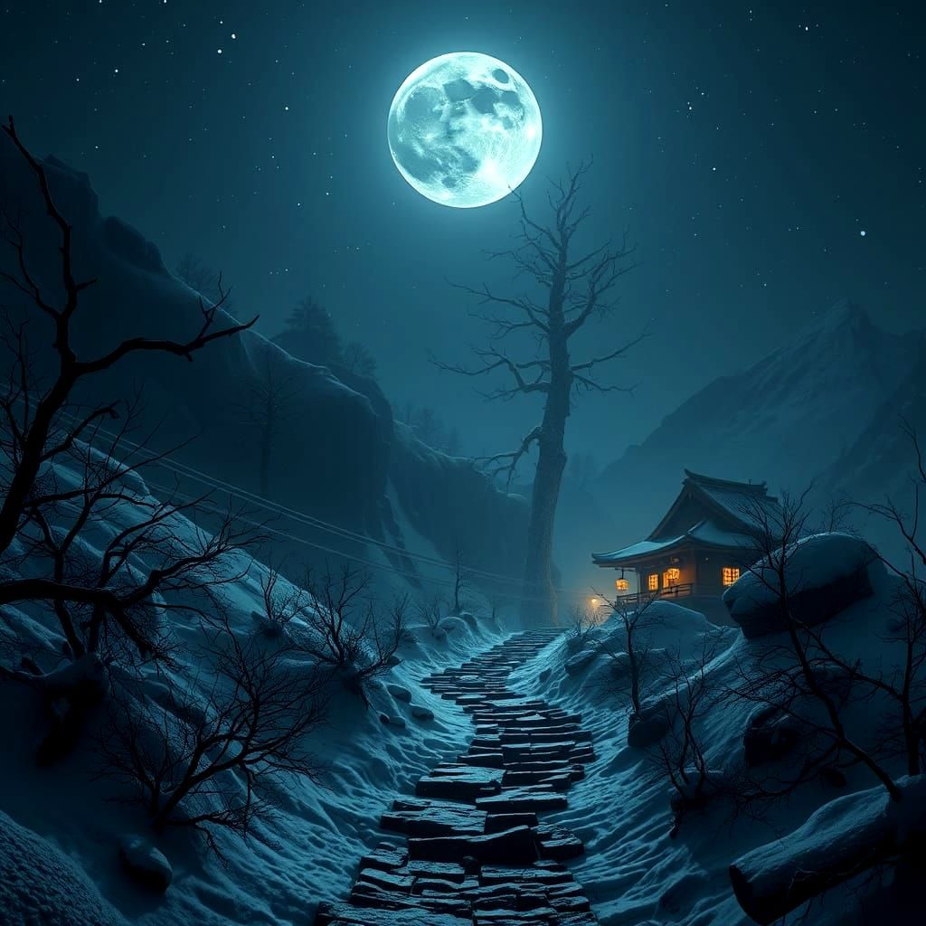 Ethereal Winter Japanese Landscape in Dark Futuristic Style