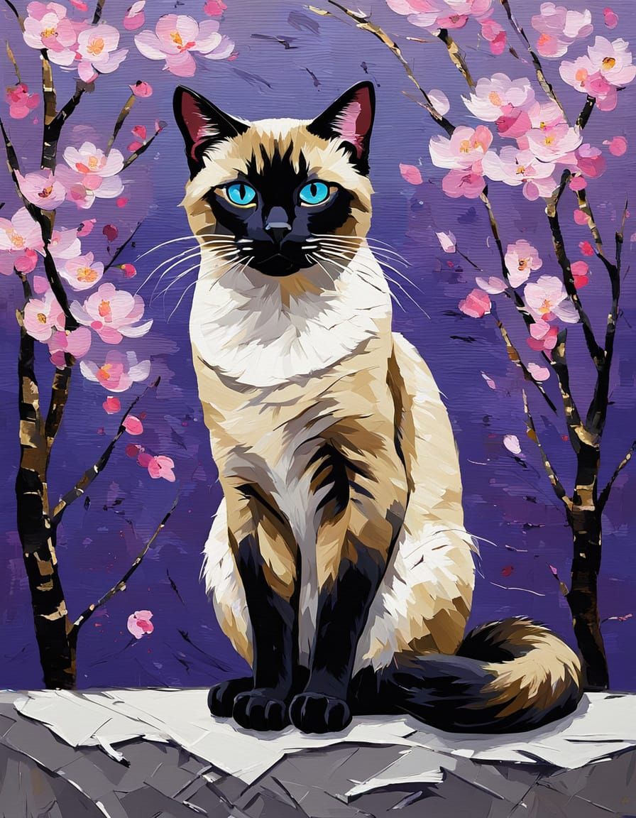 Elegant Siamese Cat as Palette Knife Oil Painting