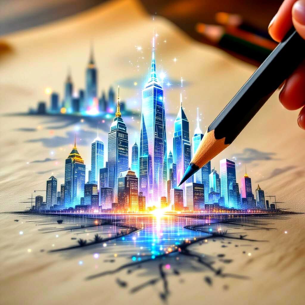Pencil Drawings Emerge Into a Fantasy Glass Cityscape