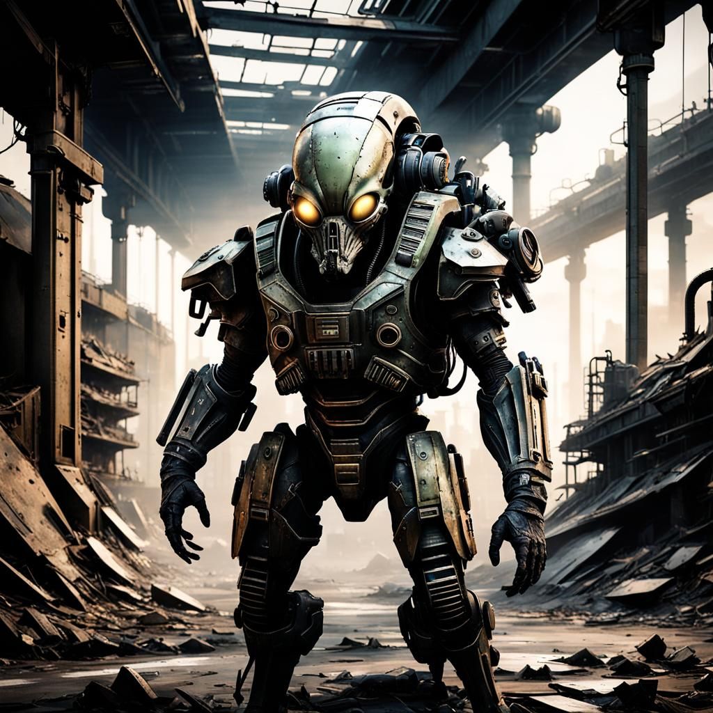 Sci-Fi Alien Soldier in Dystopian Wasteland