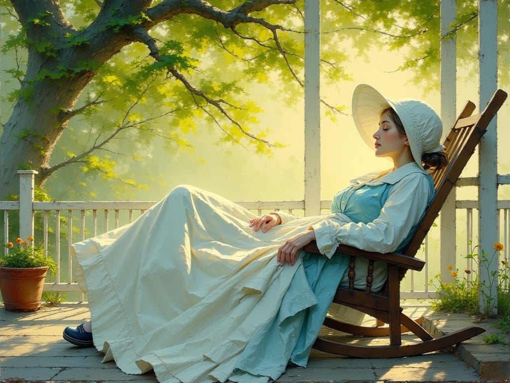 Serene Elderly Woman Sleeping in Sunlit Porch Oil Painting