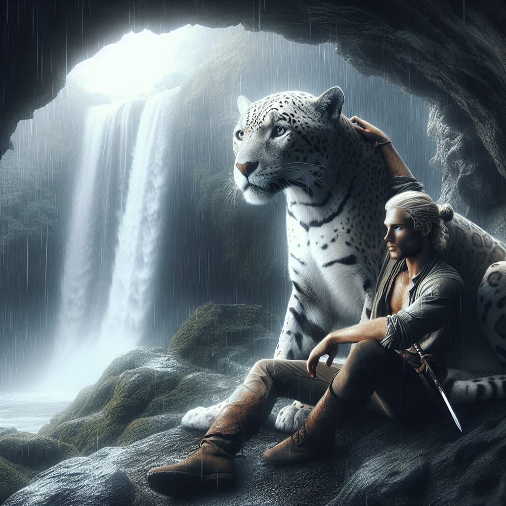 handsome blond ranger sitting in a sheltered outcropping leaning against the stone with his beautiful huge white jaguar ...