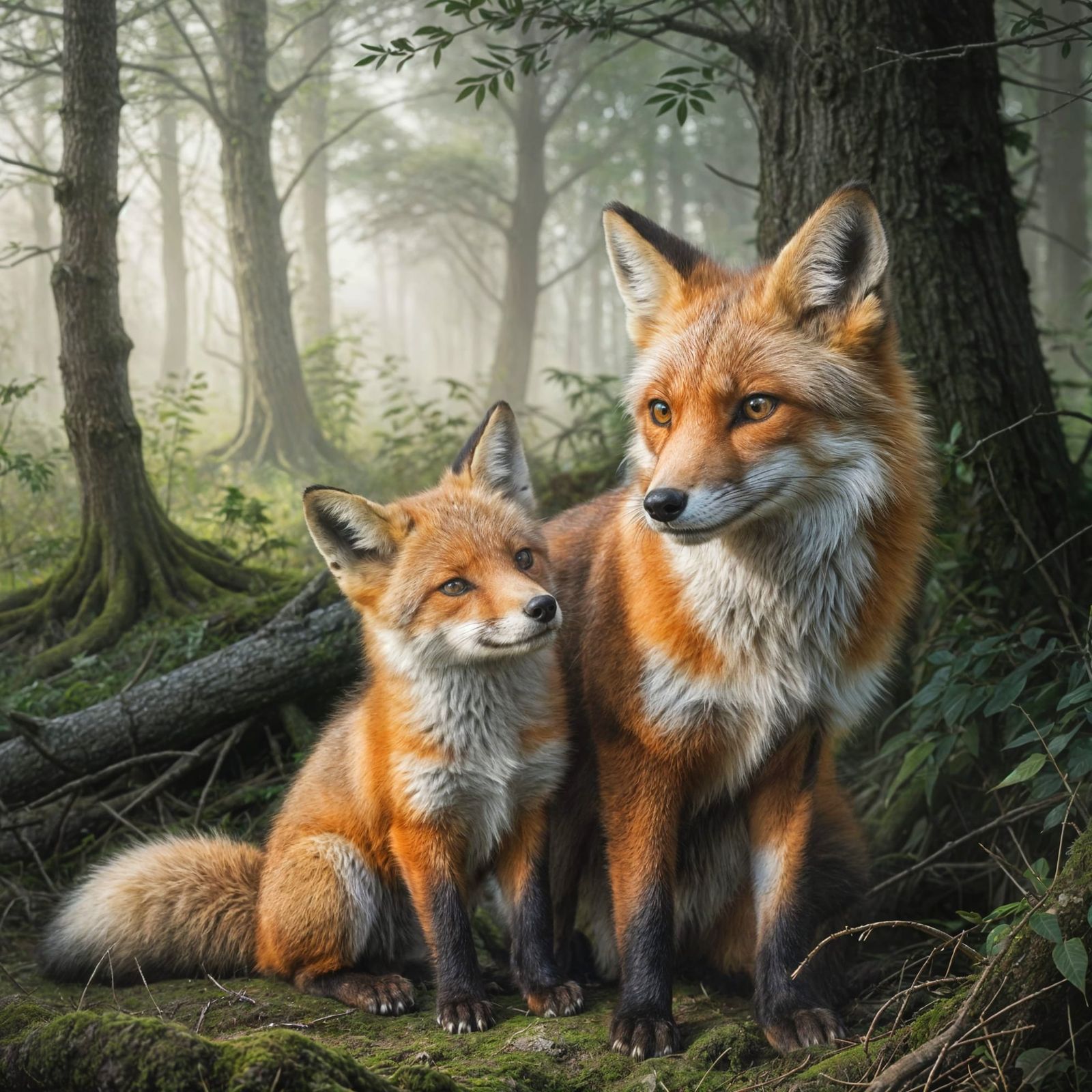 Red Fox Mother and Cub in Primeval Forest