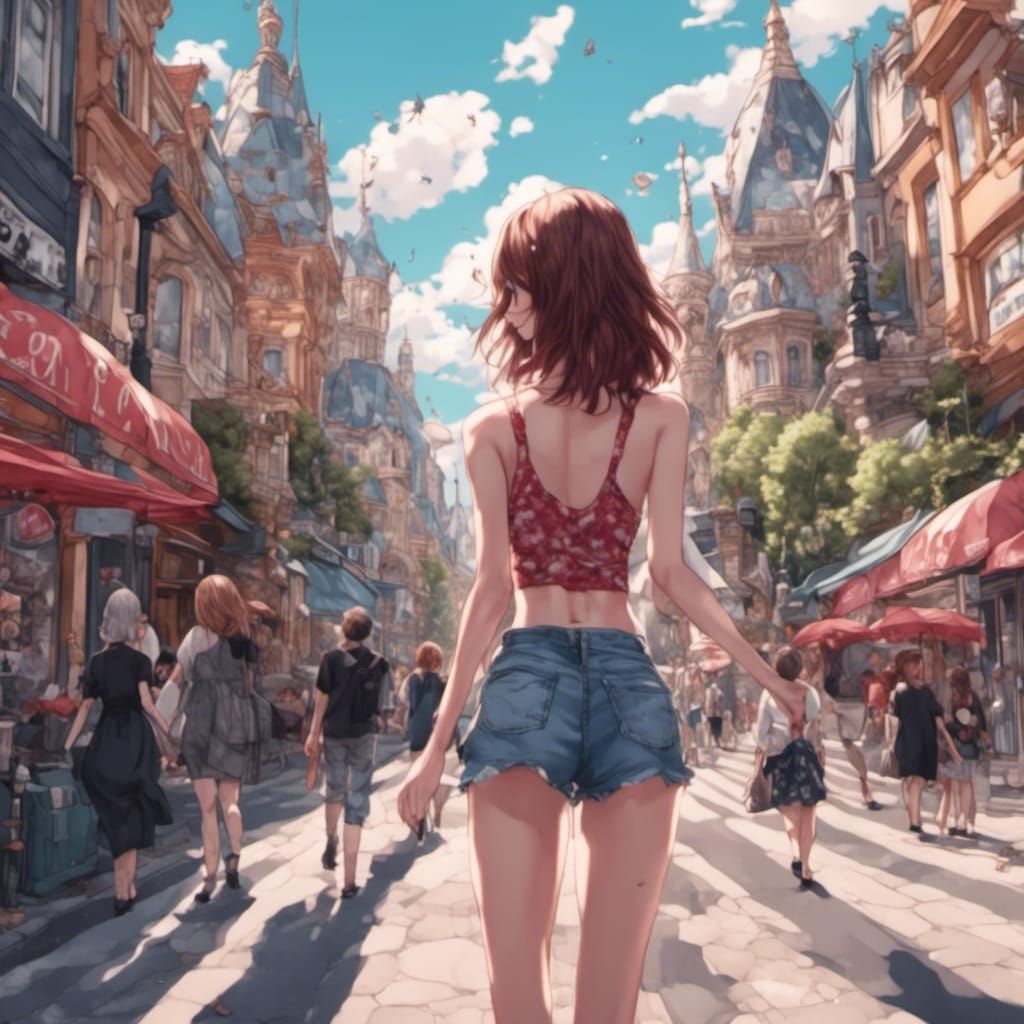 Person Walking on a Busy Sunny Street