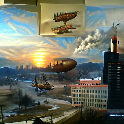 Decopunk City Sunset: Airships Docking in Metropolis
