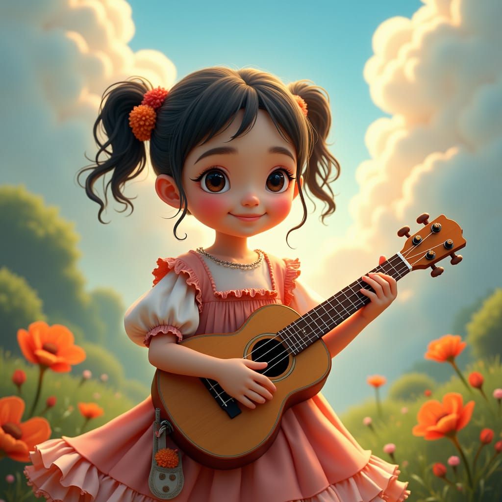 Girl in Oversized Dress with Ukulele, Fantasy Art