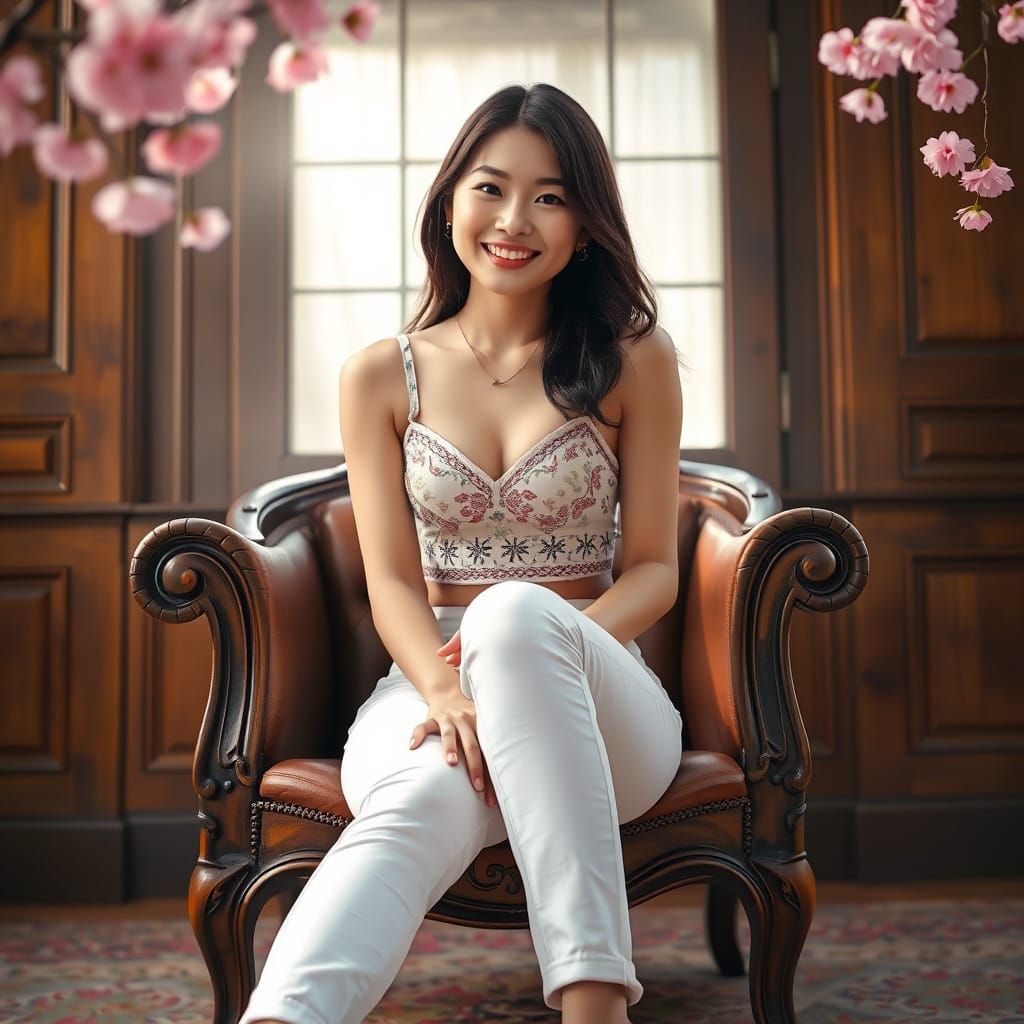 Photorealistic Young Woman in Ornate Chair