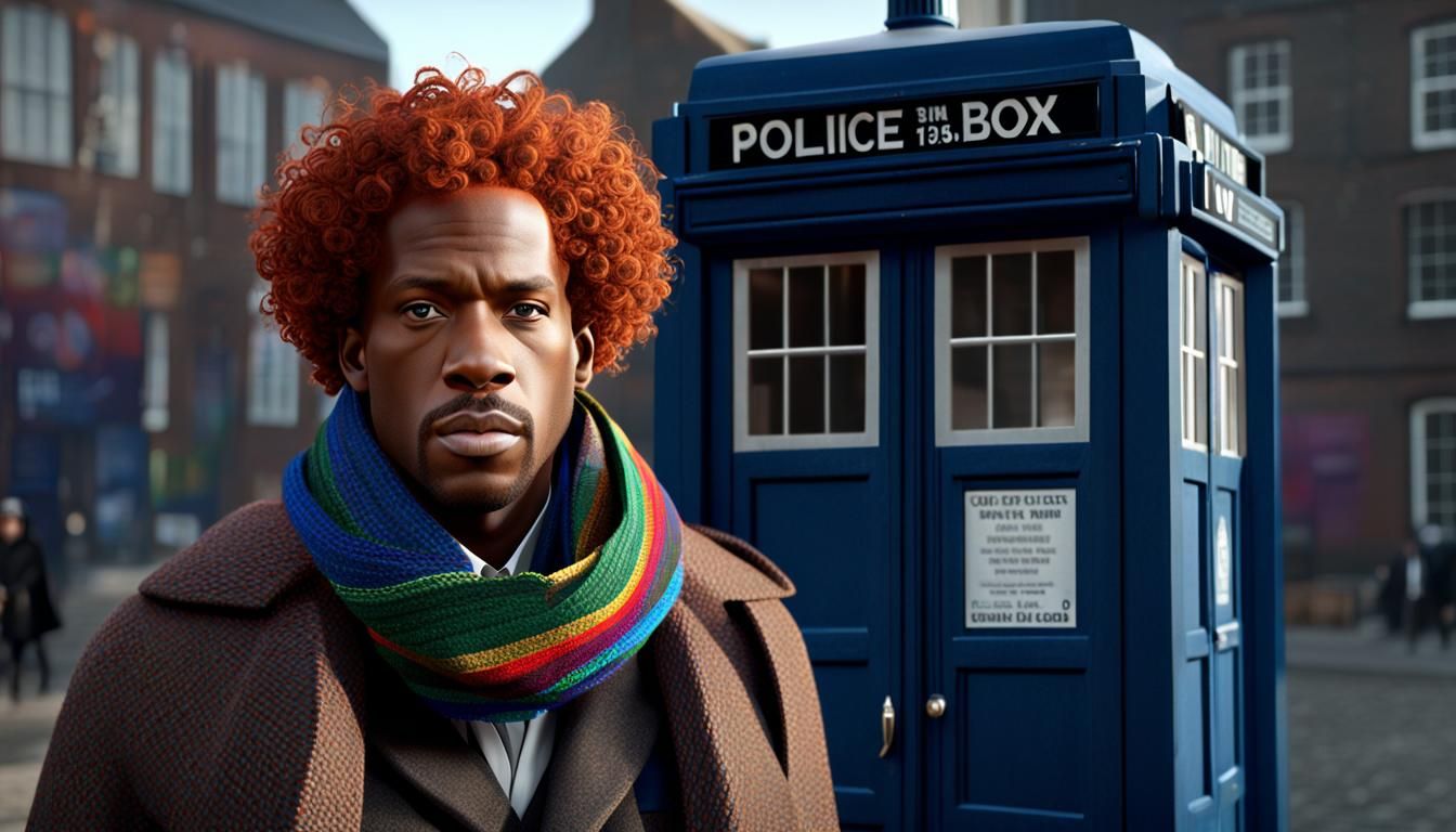 Hyperrealistic Man with Scarf Near Police Box