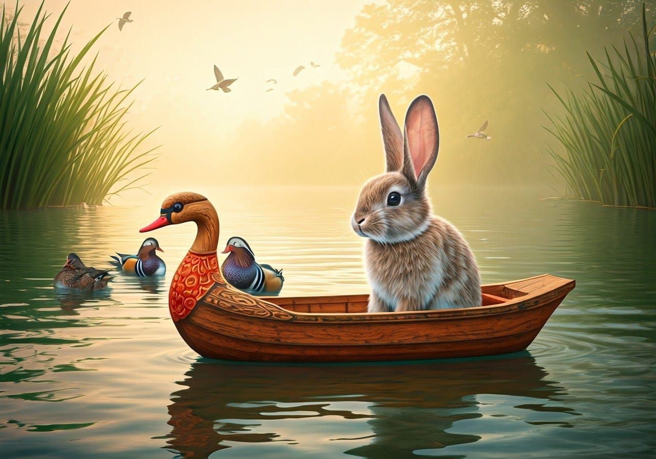 Rabbit in Swan Boat on Misty Lake