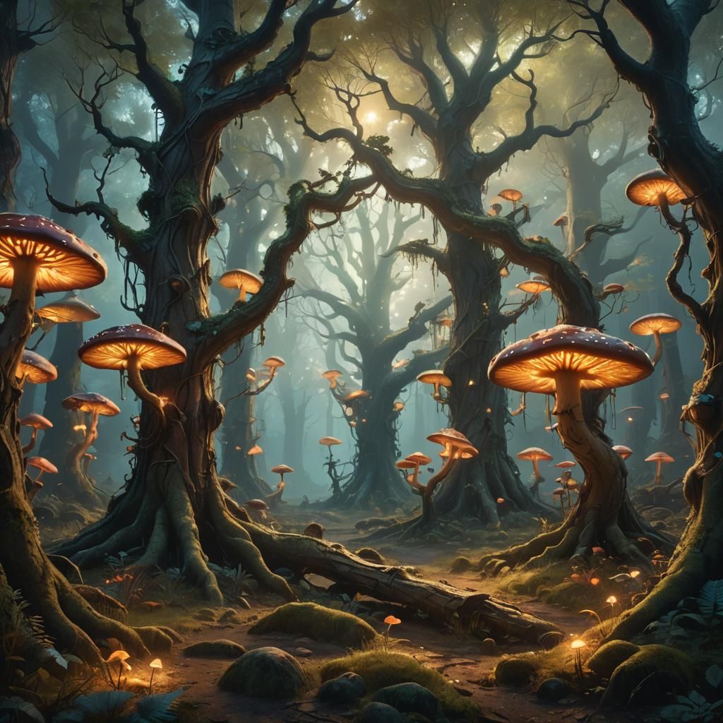 Mystical Forest with Glowing Mushrooms: Fantasy Concept Art
