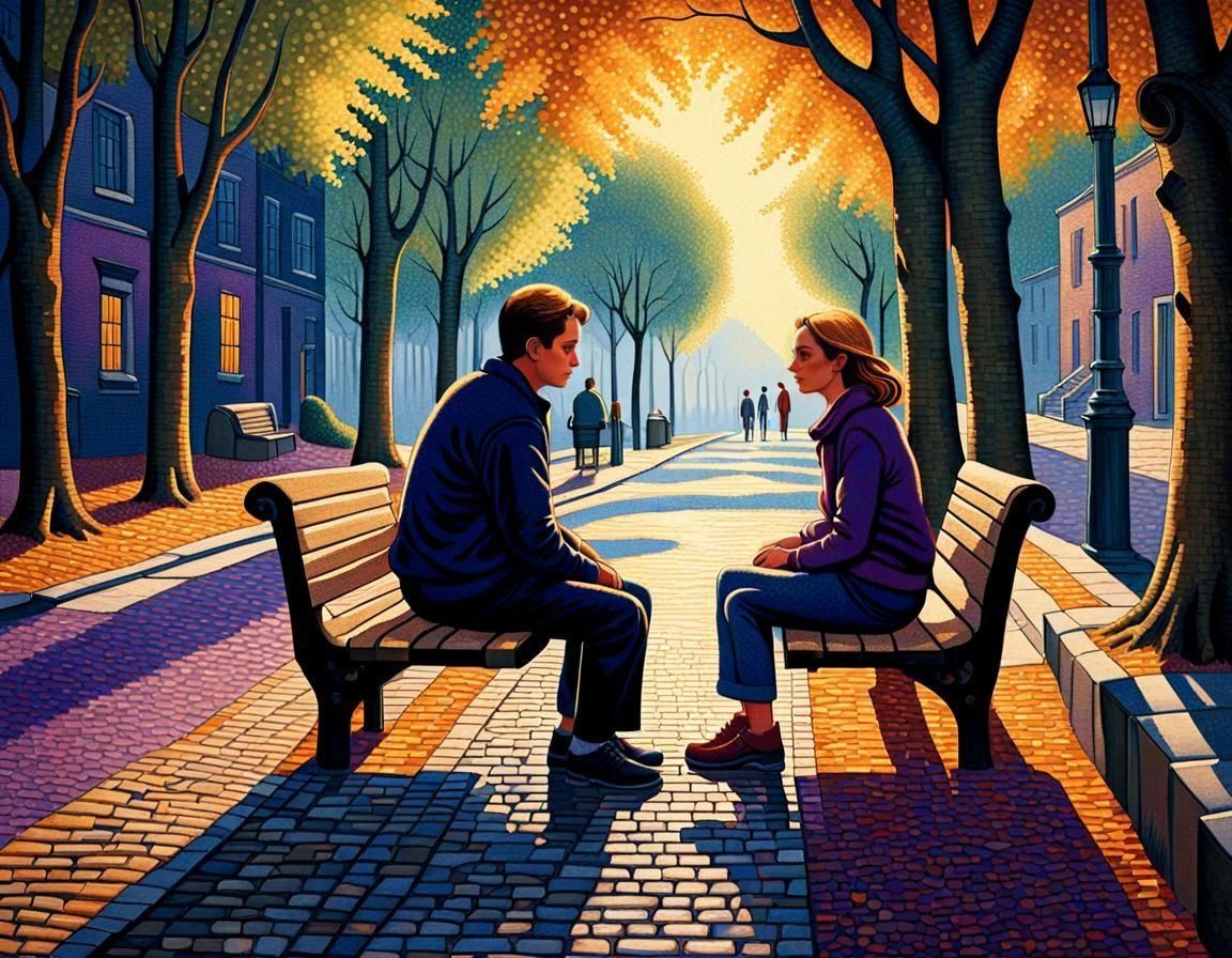 Couple on Bench in Pointillism Alley Art