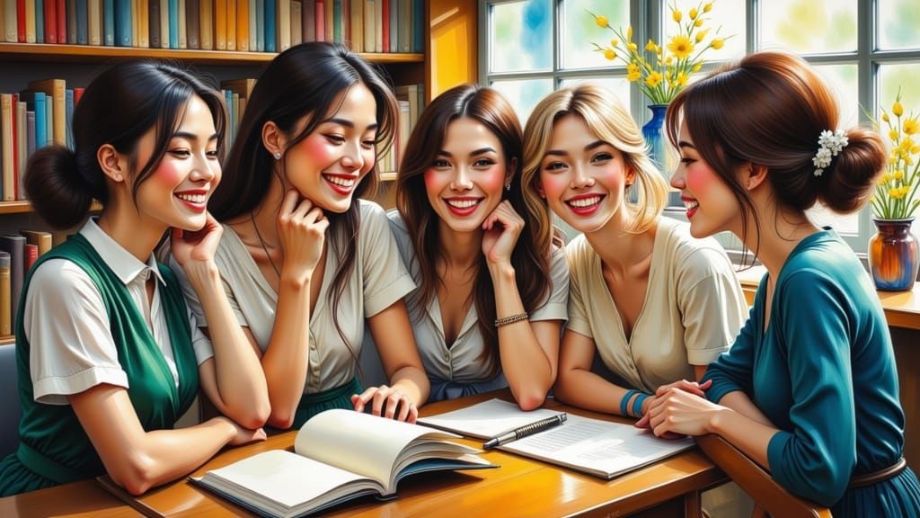 Schoolgirls Laughing in Vibrant Watercolor and Oil Painting