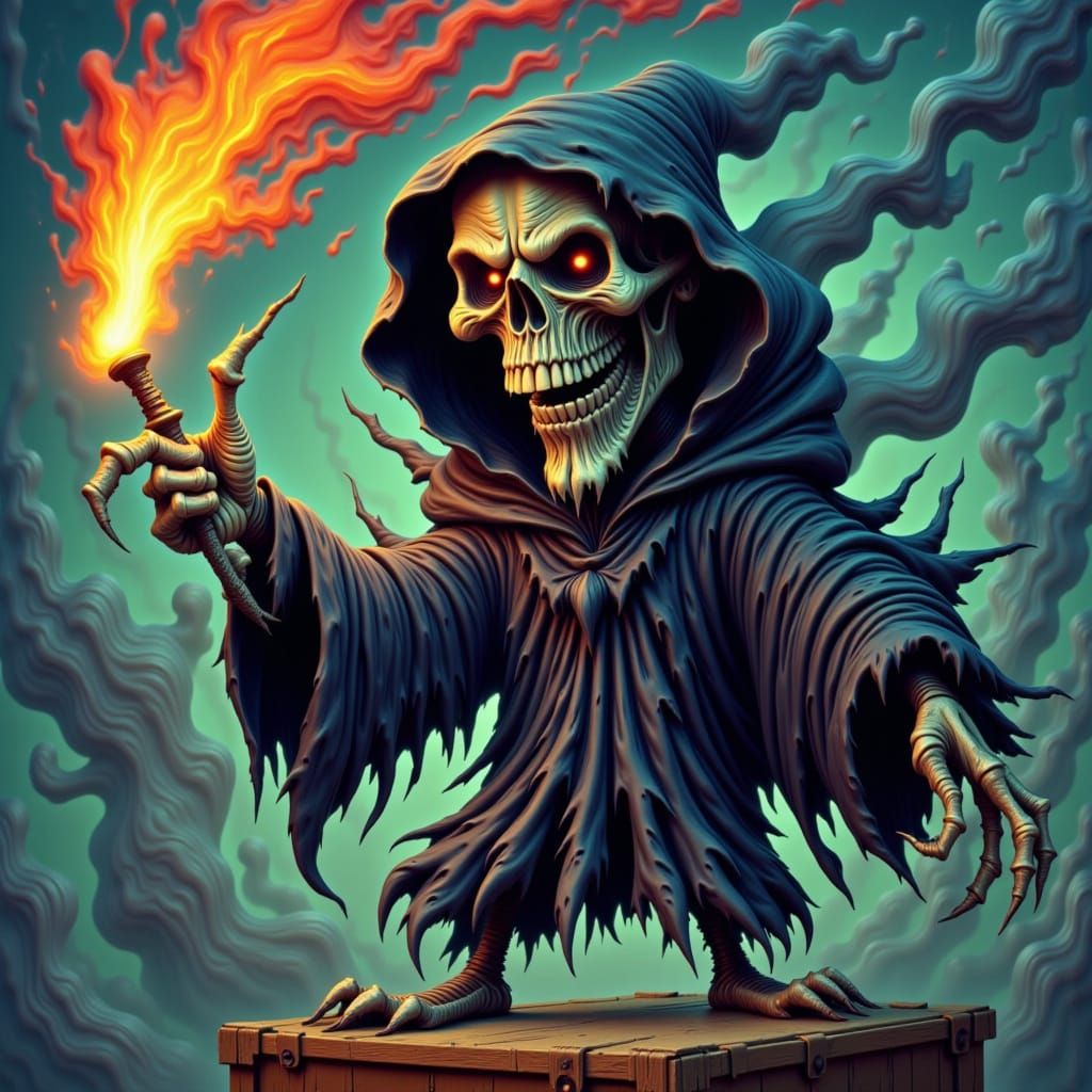 Grim Reaper Rants from Soap Box in Vibrant Cartoon Style