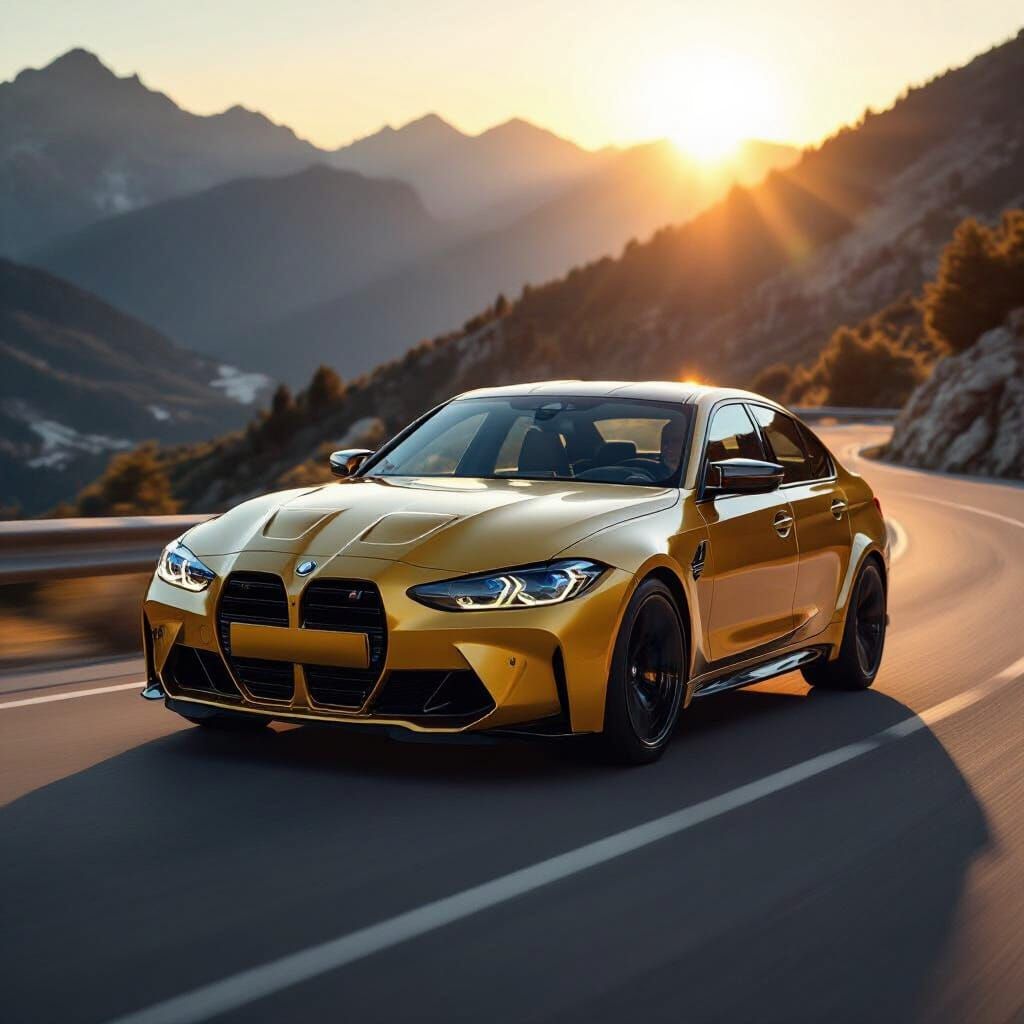 Golden BMW M3 on Mountain Road at Golden Hour