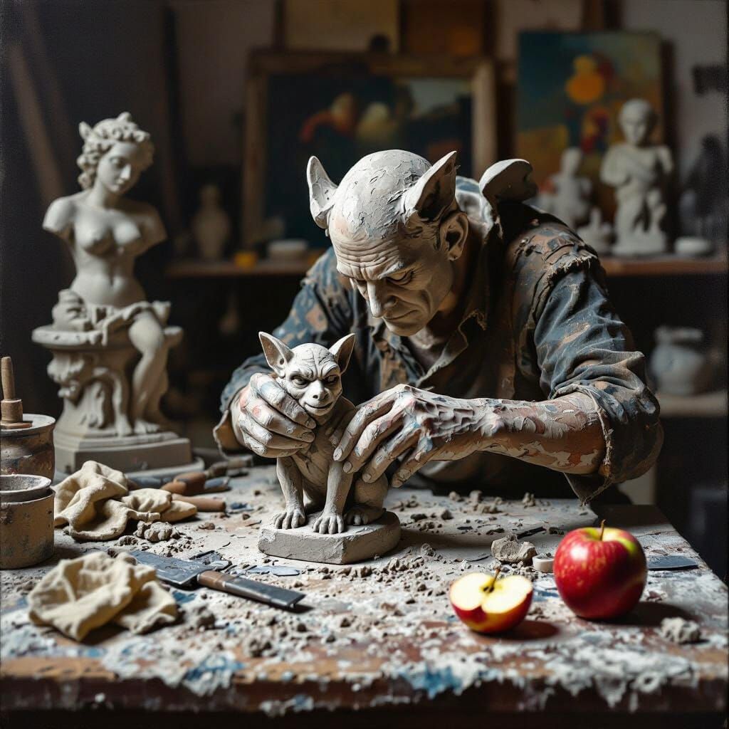 Sculptor's Hands Crafting Gargoyle in Realistic Style